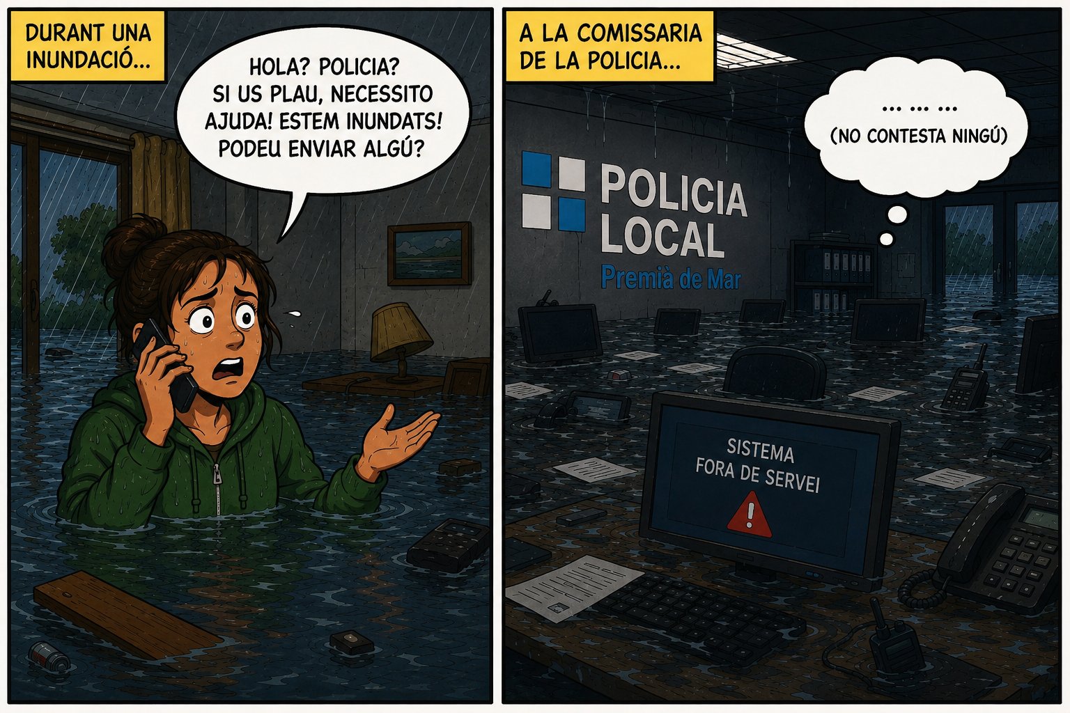Vinyeta: durant una inundació, una veïna truca a la policia demanant ajuda; a la comissaria, inundada i a les fosques, no hi contesta ningú i el sistema apareix fora de servei