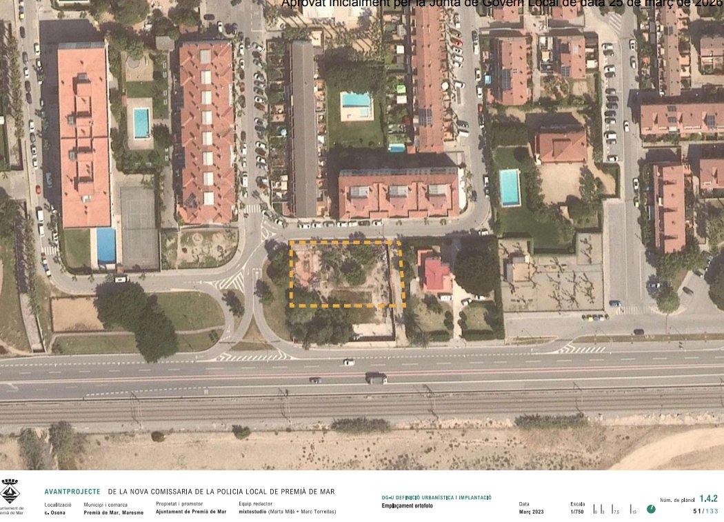 Ortofoto de l'avantprojecte amb la parcel·la 43 marcada en taronja, situada per davant del front edificat consolidat