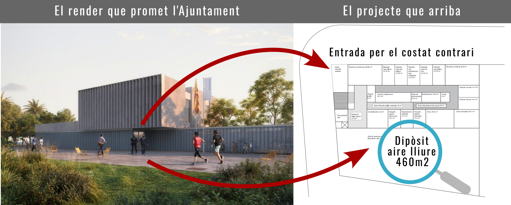Render publicitari d'espais públics generosos i ajardinats que després es converteixen en dipòsit de vehicles a l'aire lliure