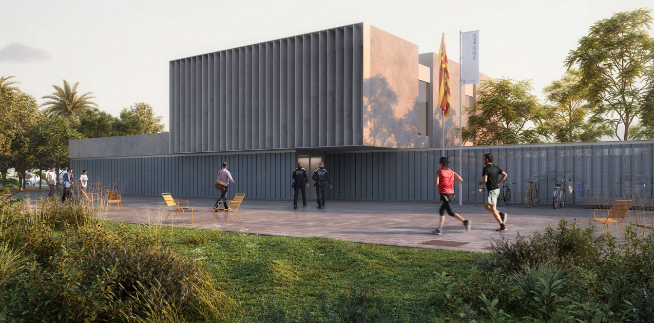 Imatge de síntesi de l'avantprojecte amb zona verda, gent passejant i fent esport al costat de la comissaria