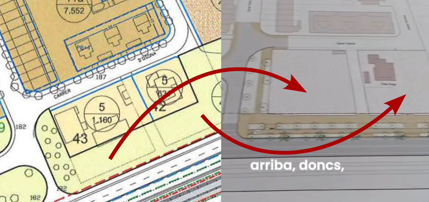 Plànol on les zones verdes adjacents a la N-II al tram de la futura comissaria i la Creu Roja queden absorbides dins l'àmbit d'equipaments